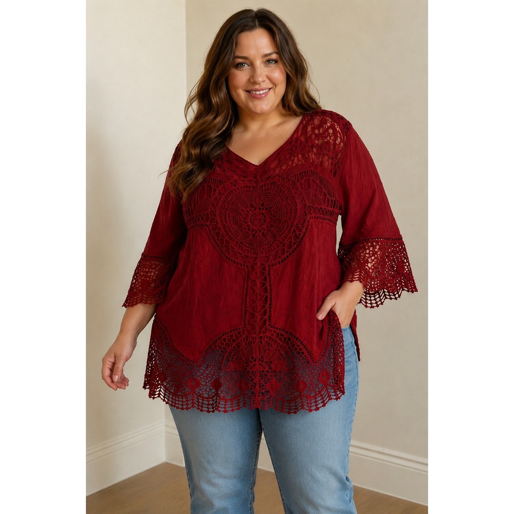 Lane Bryant Burgundy Crochet Lace Boho Tunic Top Plus Size 26 100% Cotton